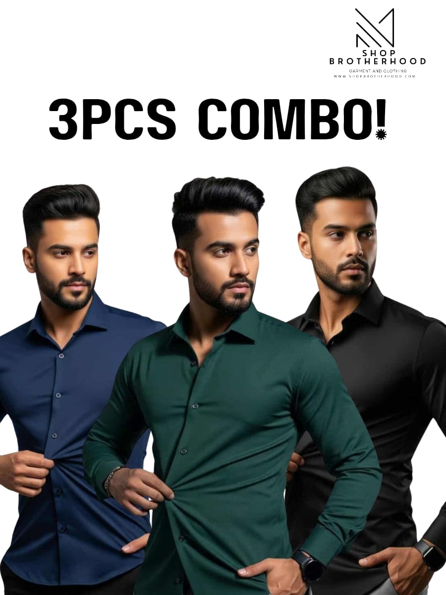3 Pcs Formal Shirt Combo –Sea Green , Navy Blue, Black